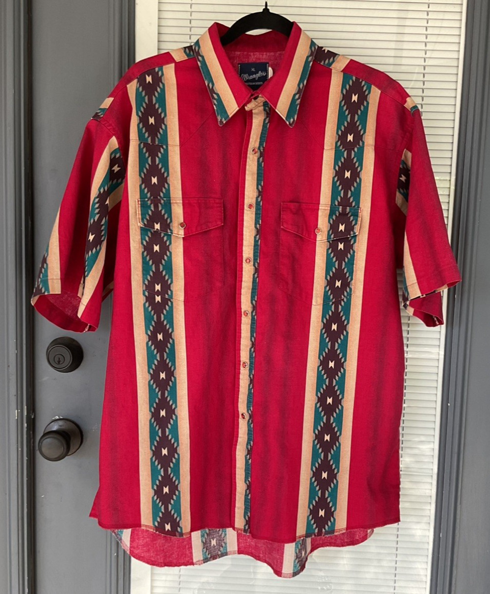 Vintage Wrangler Western Cowboy Rodeo Shirt Mens XL Red Southwestern Aztec